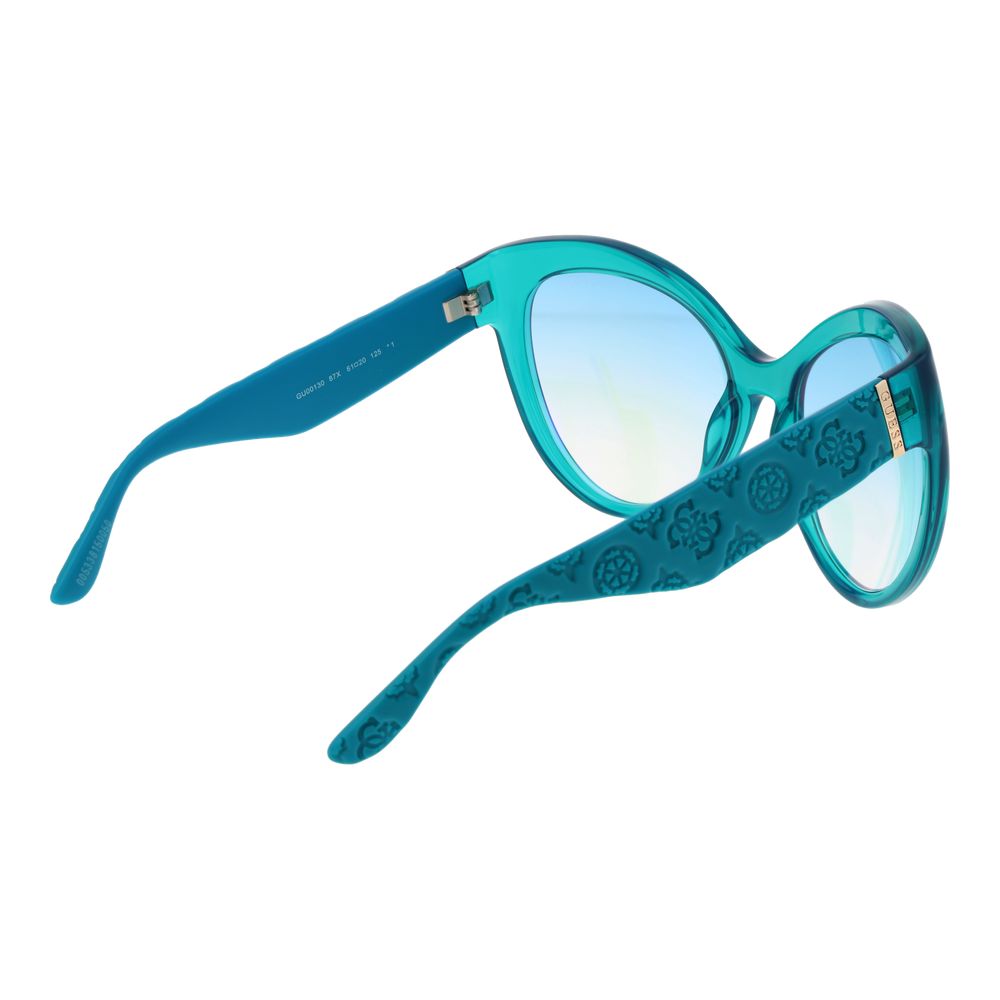 Sunglasses by Guess for women in stainless steel turquoise showcases a ethereal silhouette, featuring turquoise coloured frame butterfly full-rim frame design with mirrored category-1-light-tint lens for a ethereal finish.