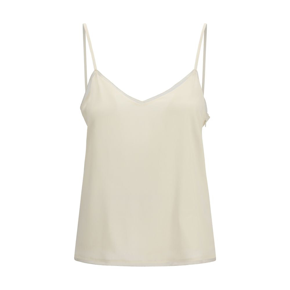 Blouse by Fabiana Filippi for women in silk acetate beige & natural showcases a sharp silhouette, elegantly detailed with a sharp and sharp sleeveless.