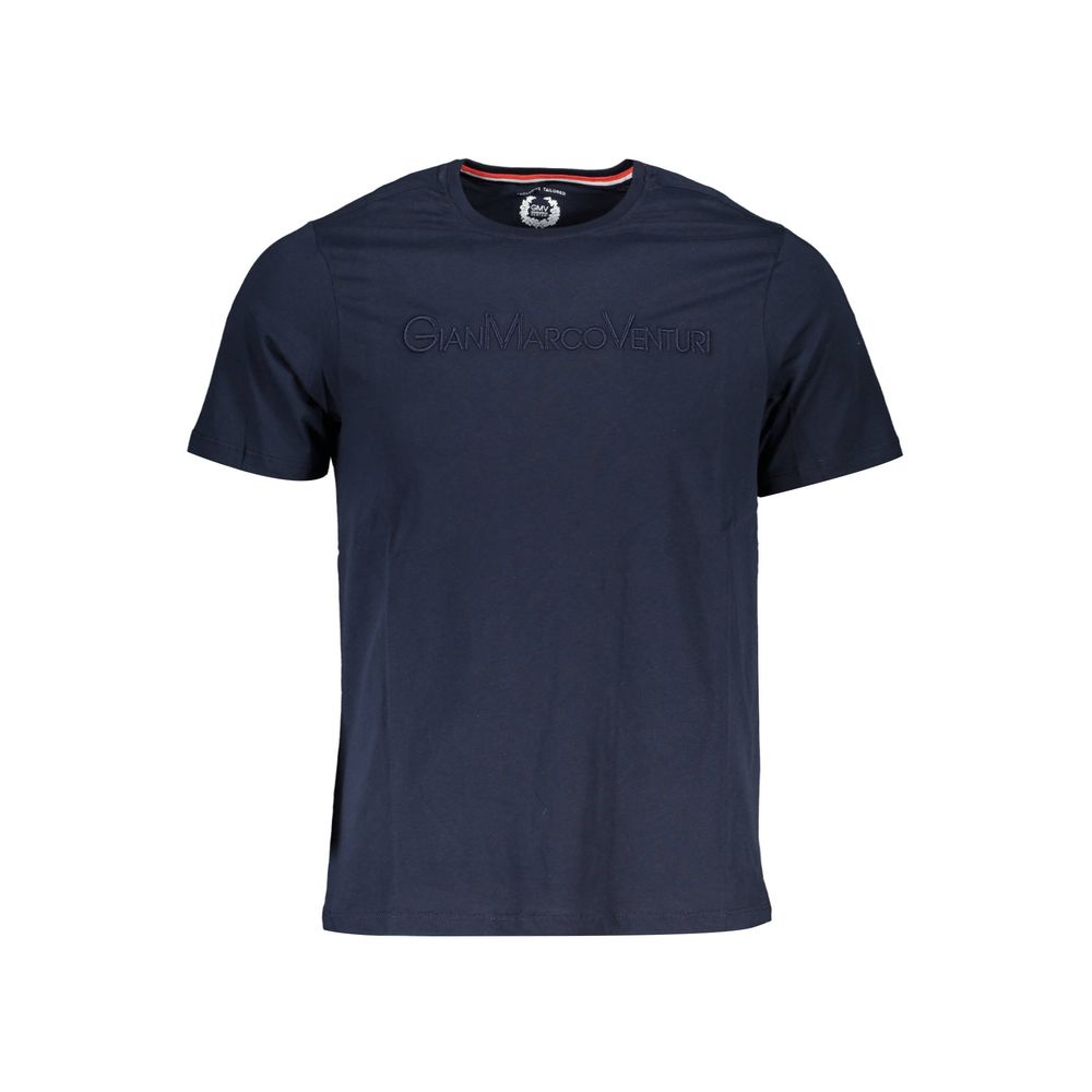 T-Shirt by Gianmarco Venturi for men in cotton blue showcases a fashionable silhouette, elegantly detailed with a fashionable short-sleeve and crew neckline for a sophisticated, high-fashion look.