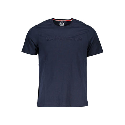 T-Shirt by Gianmarco Venturi for men in cotton blue showcases a fashionable silhouette, elegantly detailed with a fashionable short-sleeve and crew neckline for a sophisticated, high-fashion look.