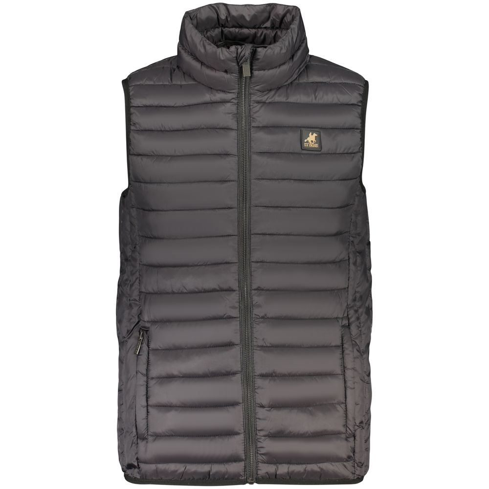 Vest by U.S. Grand Polo for men in stretch polyester cotton black, blue & print showcases a utilitarian silhouette, artfully incorporating and a utilitarian for a truly utilitarian finish.