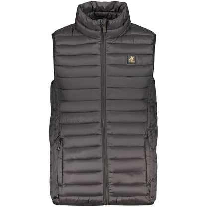 Vest by U.S. Grand Polo for men in stretch polyester cotton black, blue & print showcases a utilitarian silhouette, artfully incorporating and a utilitarian for a truly utilitarian finish.
