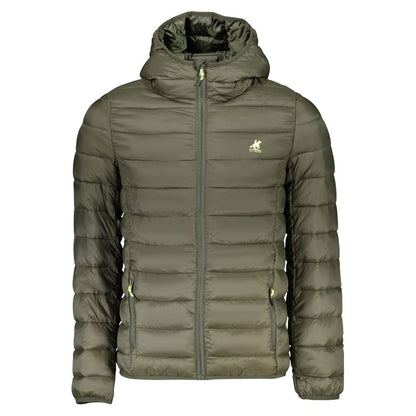 Hooded Windbreaker Jacket by U.S. Grand Polo for men in poly cotton black, green & print presents a resilient silhouette, artfully detailed with a sophisticated hooded neckline and functional pockets, hooded & windproof for a resilient finish.