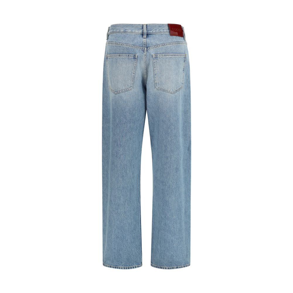 Jeans by Gucci for women in denim cotton light-blue presents a refined pantology silhouette, artfully defined by a refined pantology straight-leg & regular-fit, long, and a sophisticated .