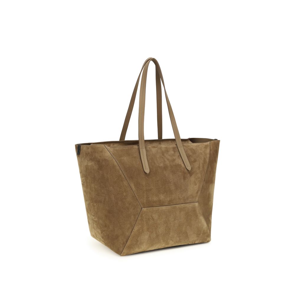 Pouch Tote Shoulder Bag by Brunello Cucinelli for women in bos taurus calf nappa & suede leather beige features an effortlessly chic silhouette with a secure zipper, ample , and versatile handle for effortlessly chic everyday luxury.