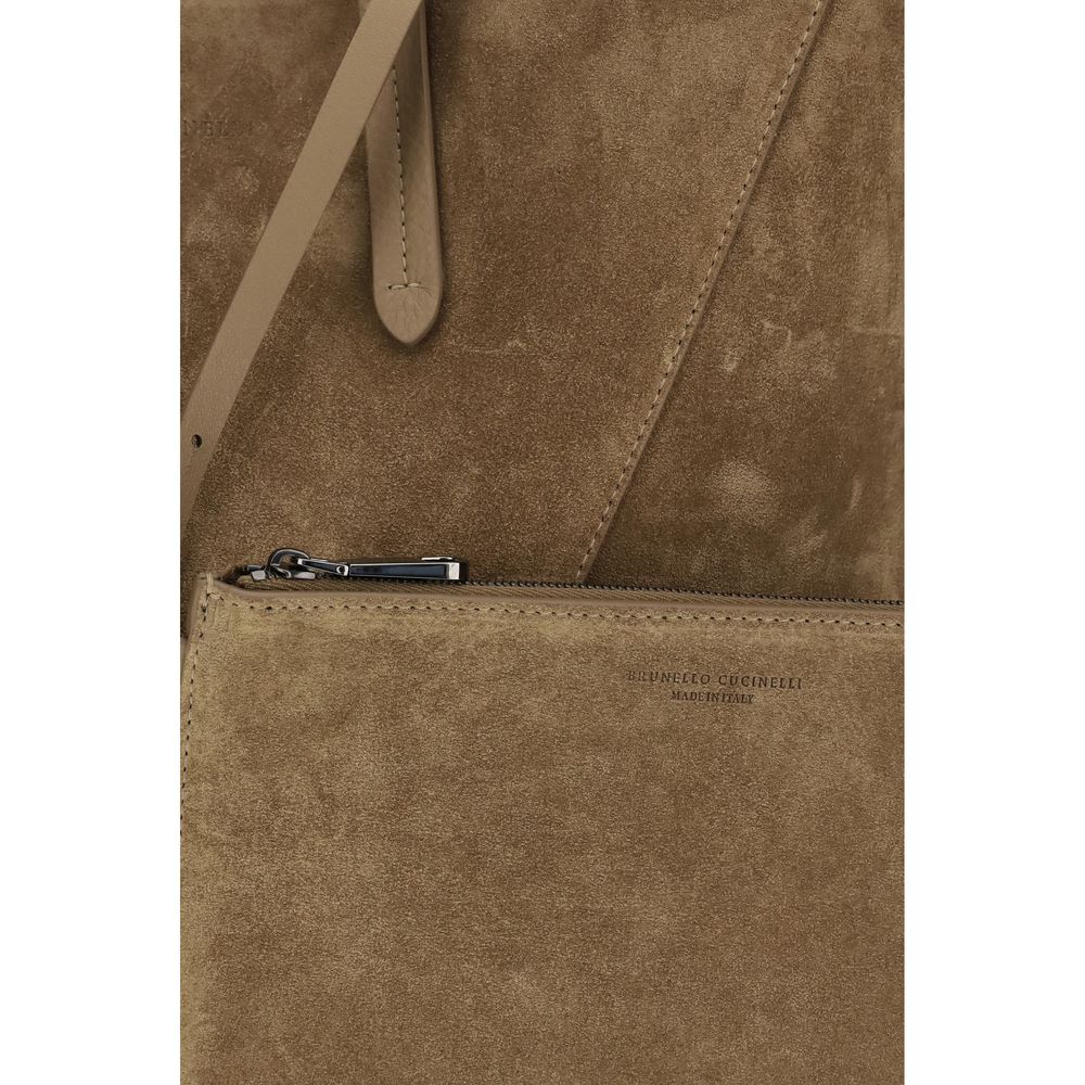 Pouch Tote Shoulder Bag by Brunello Cucinelli for women in bos taurus calf nappa & suede leather beige features a distinguished silhouette, showcasing a secure zipper and distinguished with versatile handle for a distinguished finish.