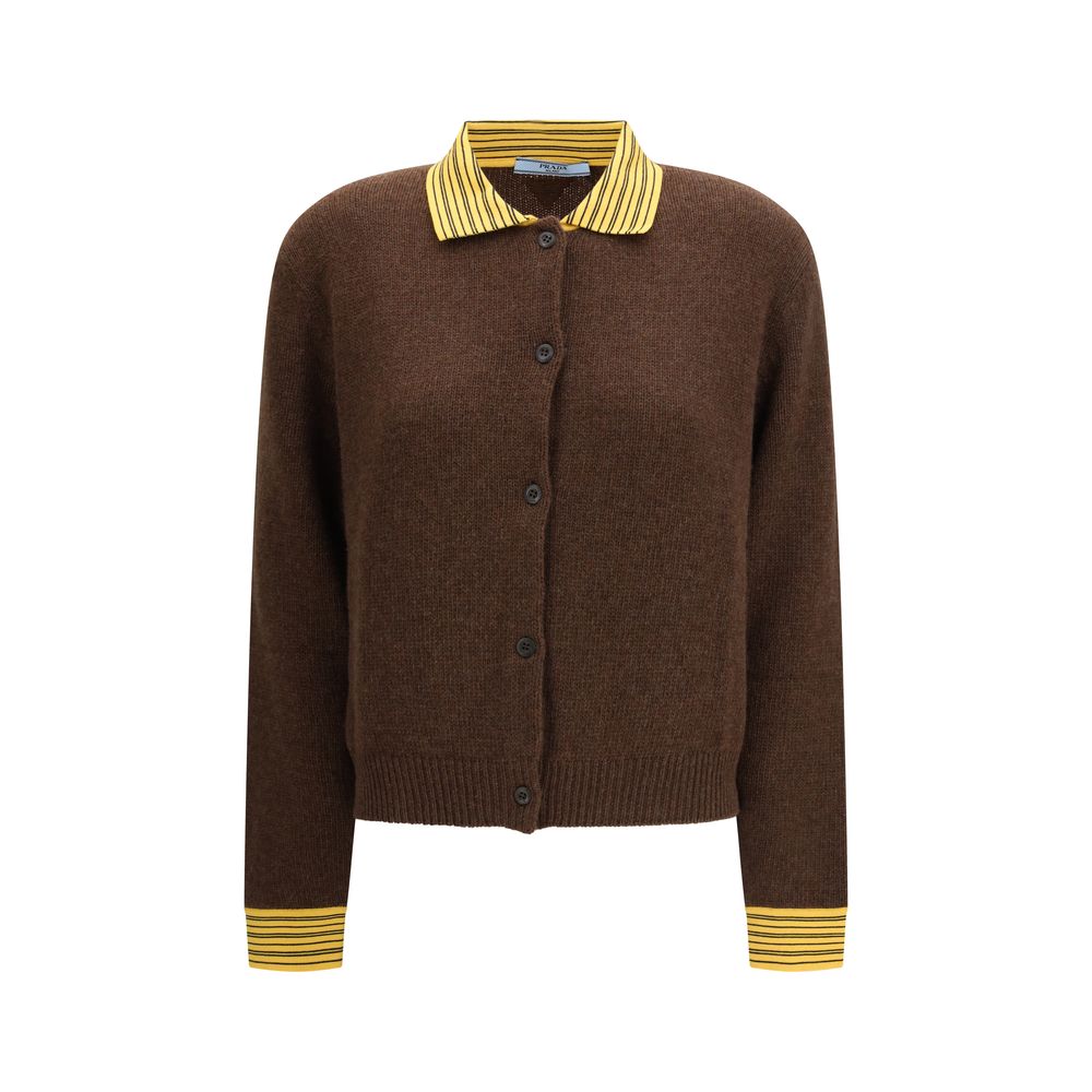 Cardigan by Prada for women in polyamide cotton cashmere & capra leather brown & striped features an impeccable silhouette, showcasing a sophisticated and detail for a truly impeccable finish.