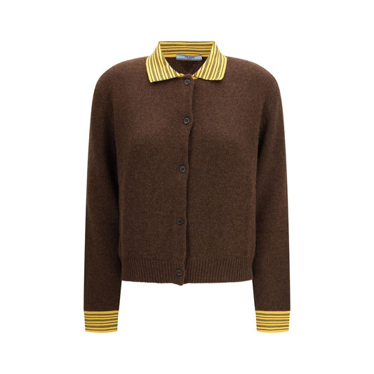 Cardigan by Prada for women in polyamide cotton cashmere & capra leather brown & striped features an impeccable silhouette, showcasing a sophisticated and detail for a truly impeccable finish.