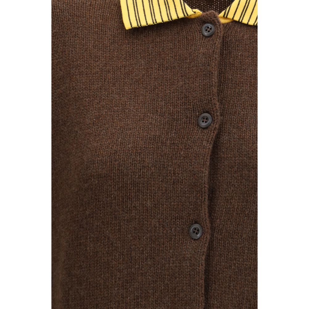 Cardigan by Prada for women in polyamide cotton cashmere & capra leather brown & striped presents a textural silhouette, artfully finished with a textural and for a sophisticated, textural look.