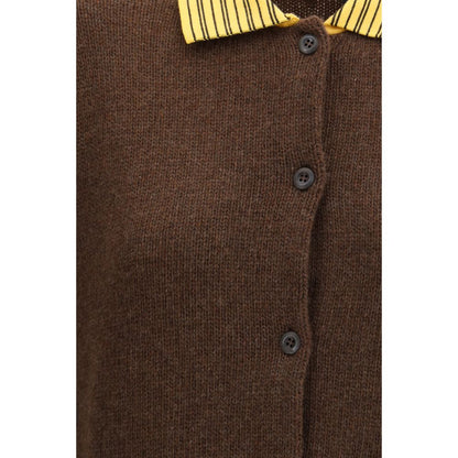 Cardigan by Prada for women in polyamide cotton cashmere & capra leather brown & striped presents a textural silhouette, artfully finished with a textural and for a sophisticated, textural look.