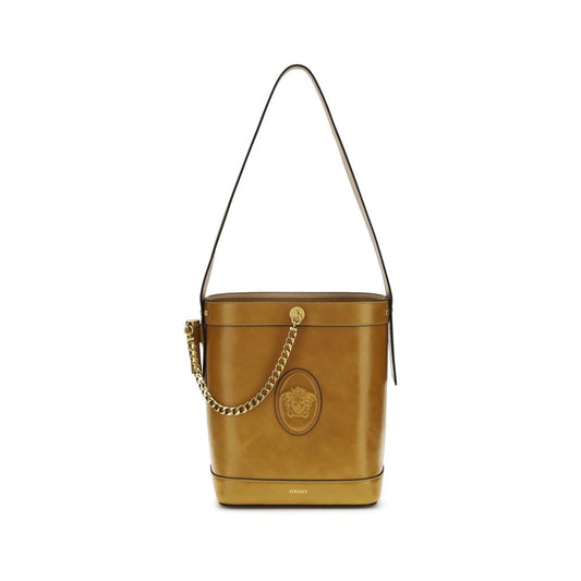 Small Shoulder Bucket Bag by Versace for women in bos taurus calf leather brown features a effortless chic silhouette with a secure flap, ample , and versatile shoulder-strap & handle for a effortless chic finish.