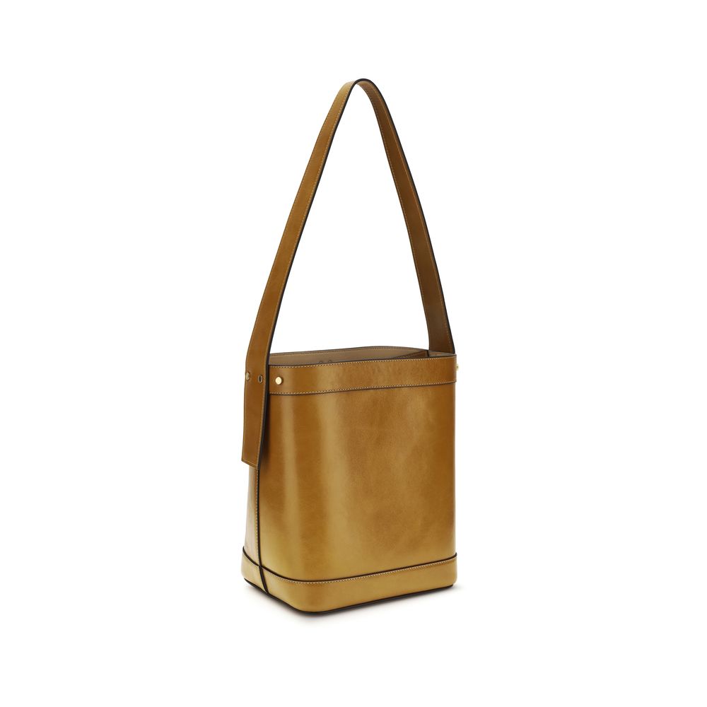 Small Shoulder Bucket Bag by Versace for women in bos taurus calf leather brown presents a versatile silhouette, showcasing a secure flap and versatile with versatile shoulder-strap & handle for a sophisticated look.