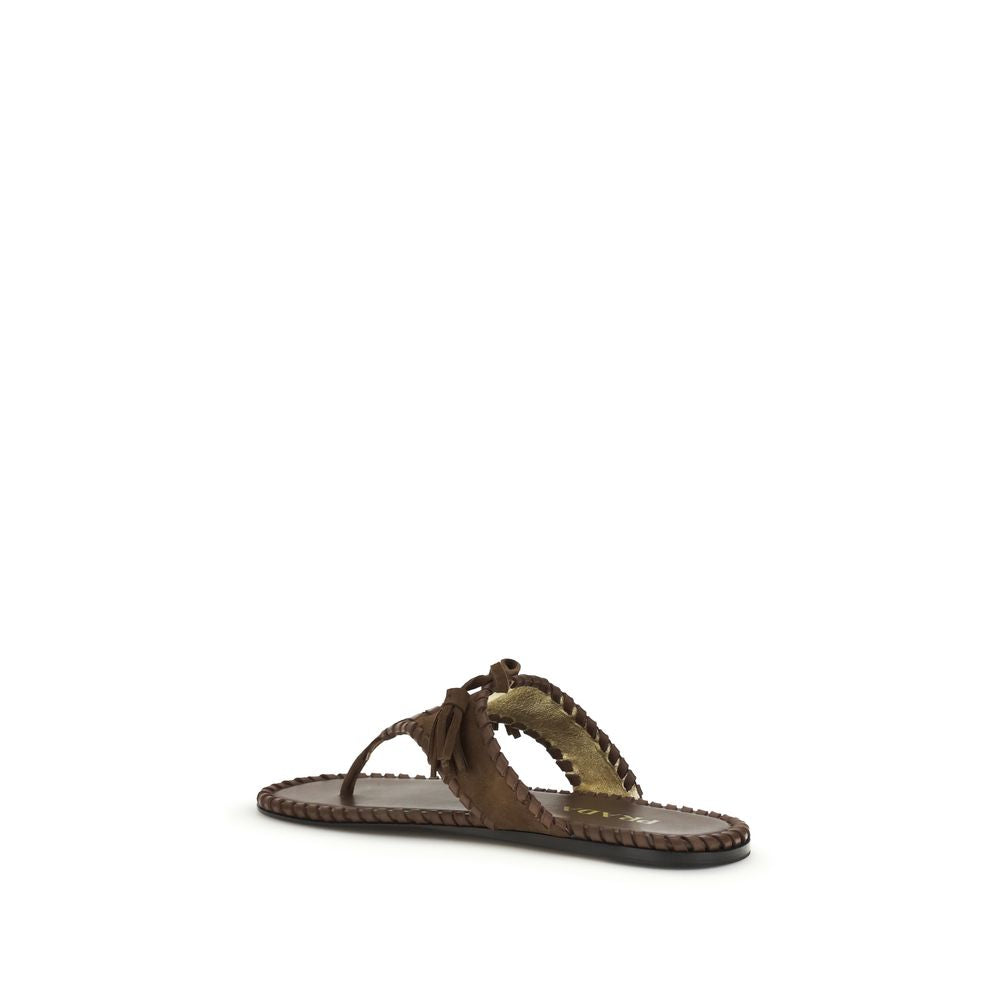 Flat Thong Sandals by Prada for women in bos taurus calf suede leather and brown, gold & monogram presents a captivating silhouette, showcasing the signature style of the Women's Bos Taurus Calf Suede Leather Flat Thong Sandals with a captivating flat and captivating .