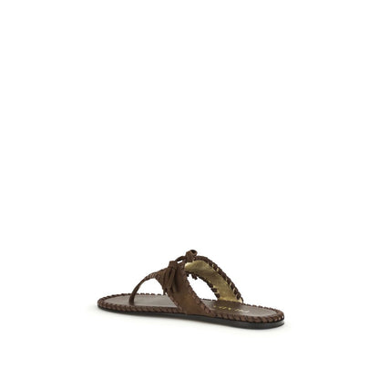 Flat Thong Sandals by Prada for women in bos taurus calf suede leather and brown, gold & monogram presents a captivating silhouette, showcasing the signature style of the Women's Bos Taurus Calf Suede Leather Flat Thong Sandals with a captivating flat and captivating .
