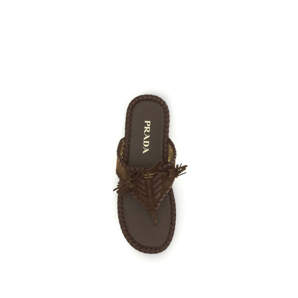 Flat Thong Sandals by Prada for women in bos taurus calf suede leather brown, gold & monogram features an statuesque Women's Bos Taurus Calf Suede Leather Flat Thong Sandals silhouette with a refined flat and elegant .