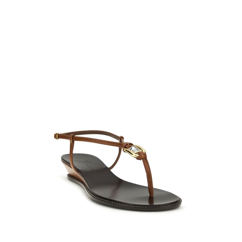 Wedge Thong Sandals by Giuseppe Zanotti for women in bos taurus calf leather & crystal brown & gold features an exquisite silhouette, showcasing the exquisite Women's Bos Taurus Calf Leather & Crystal Wedge Thong Sandals with a wedge and .