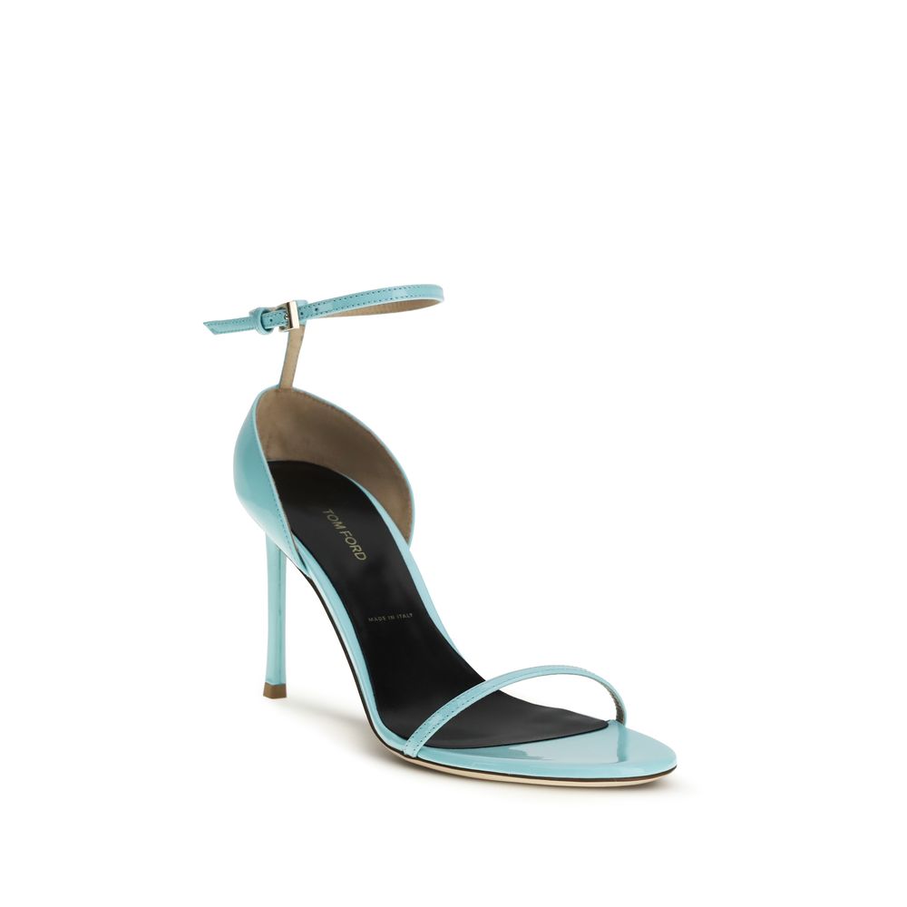 Stiletto Ankle Strap Sandals by Tom Ford for women in bos taurus calf patent leather blue & nude showcases a sculptural silhouette as Women's Bos Taurus Calf Patent Leather Stiletto Ankle Strap Sandals, defined by a sculptural stiletto and sculptural round toe style for a sculptural look.