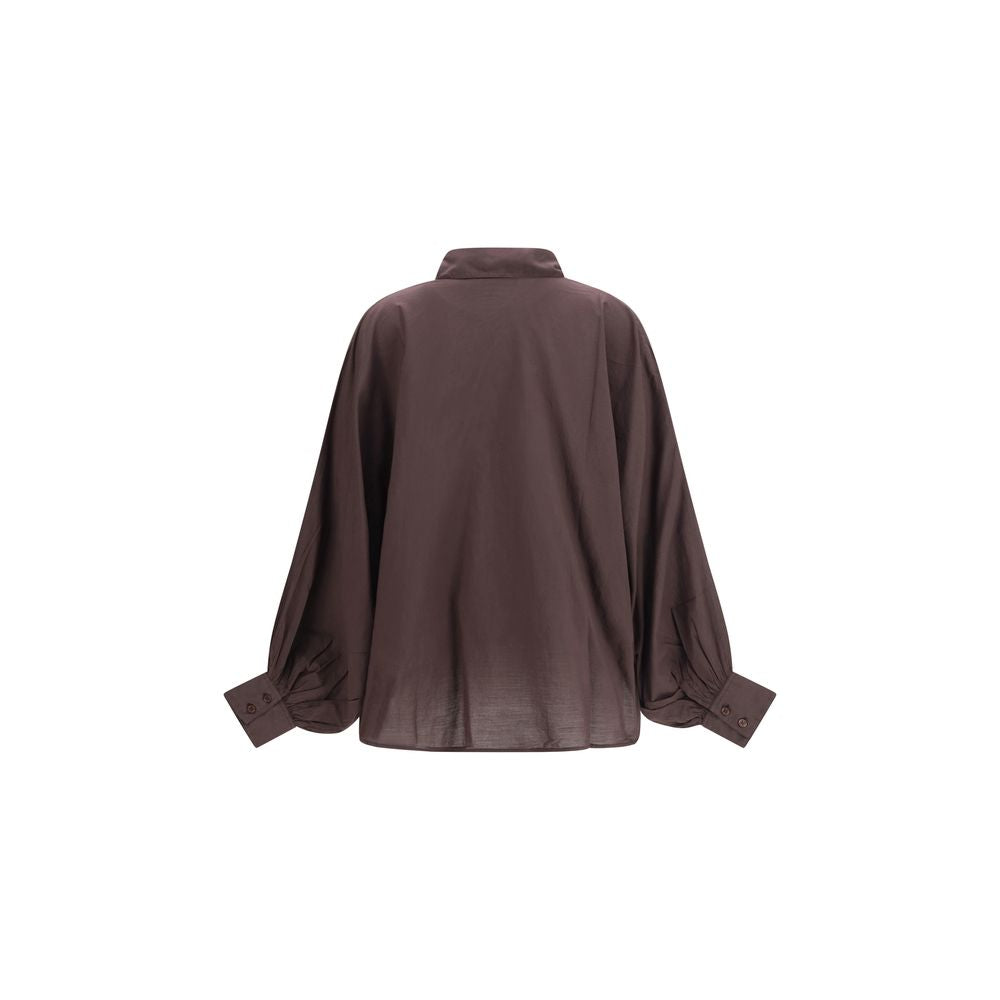 Shirt by SOSUE for women in cotton brown showcases a sharp silhouette, elegantly detailed with a sharp and sharp .