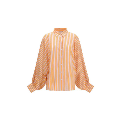Blouse by SOSUE for women in cotton coral, orange, pink, patterned & striped features an polished silhouette, showcasing a sophisticated shirt-collar neckline and detail for a truly polished finish.