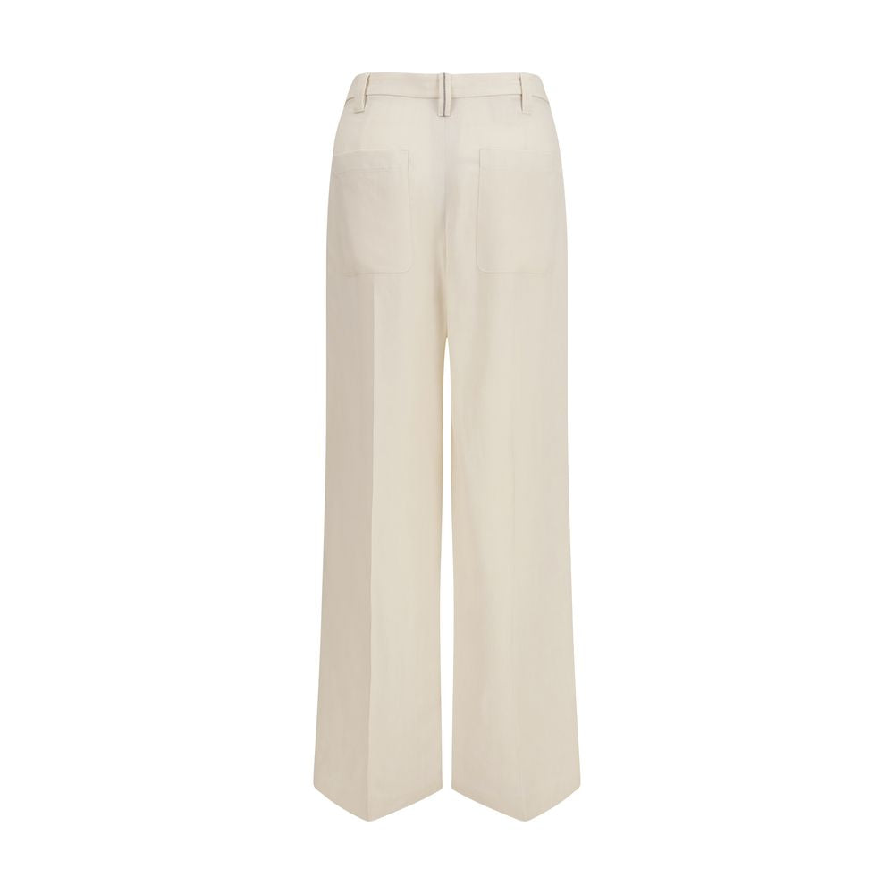 Trousers by Brunello Cucinelli for women in linen viscose twill beige features a sculptural silhouette, showcasing a sculptural straight-leg, regular-fit & wide and long with a sophisticated for a sculptural finish.