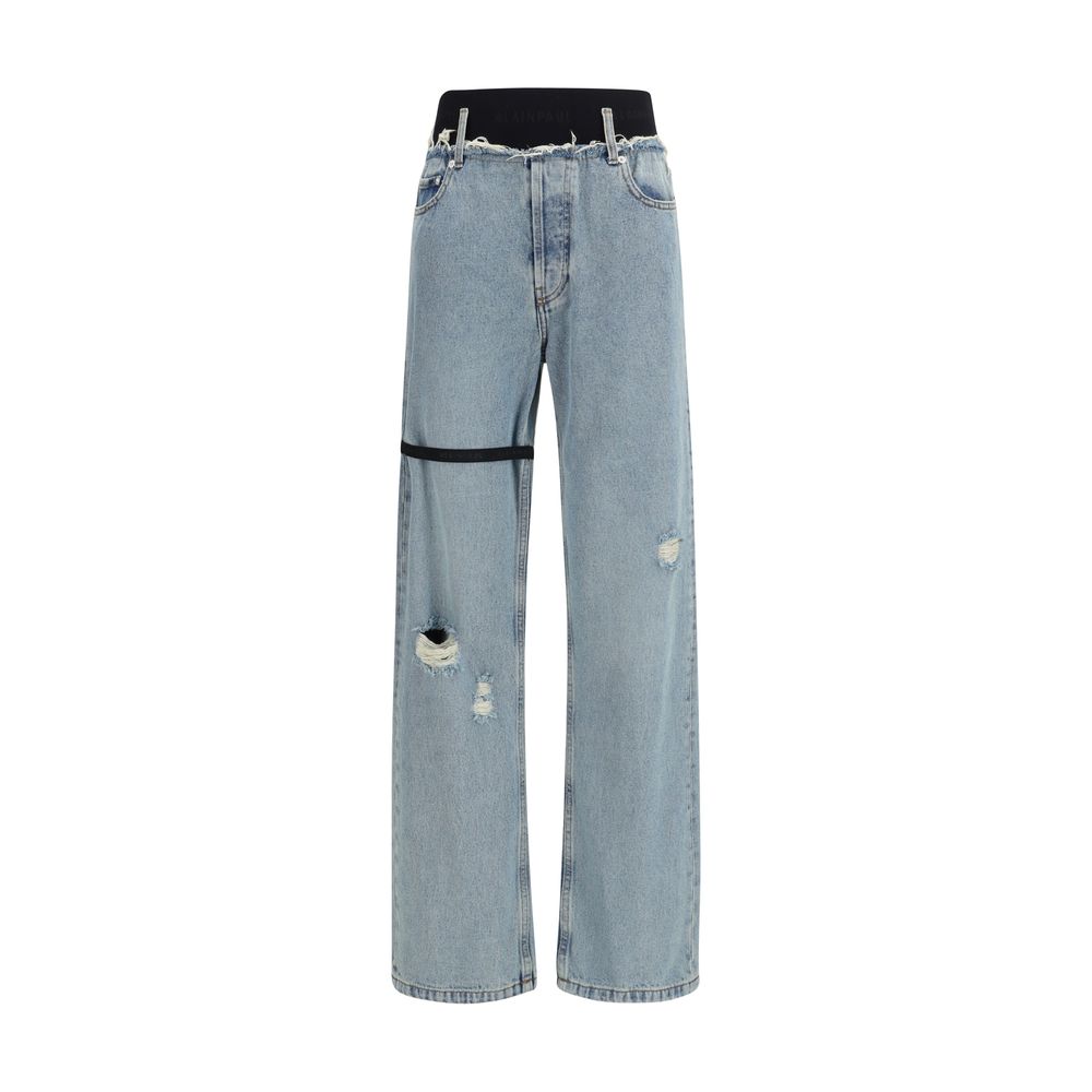 Jeans by ALAINPAUL for women in denim cotton black & blue features an sartorial straight-leg & regular-fit and long with a high rise cut for a sartorial finish.