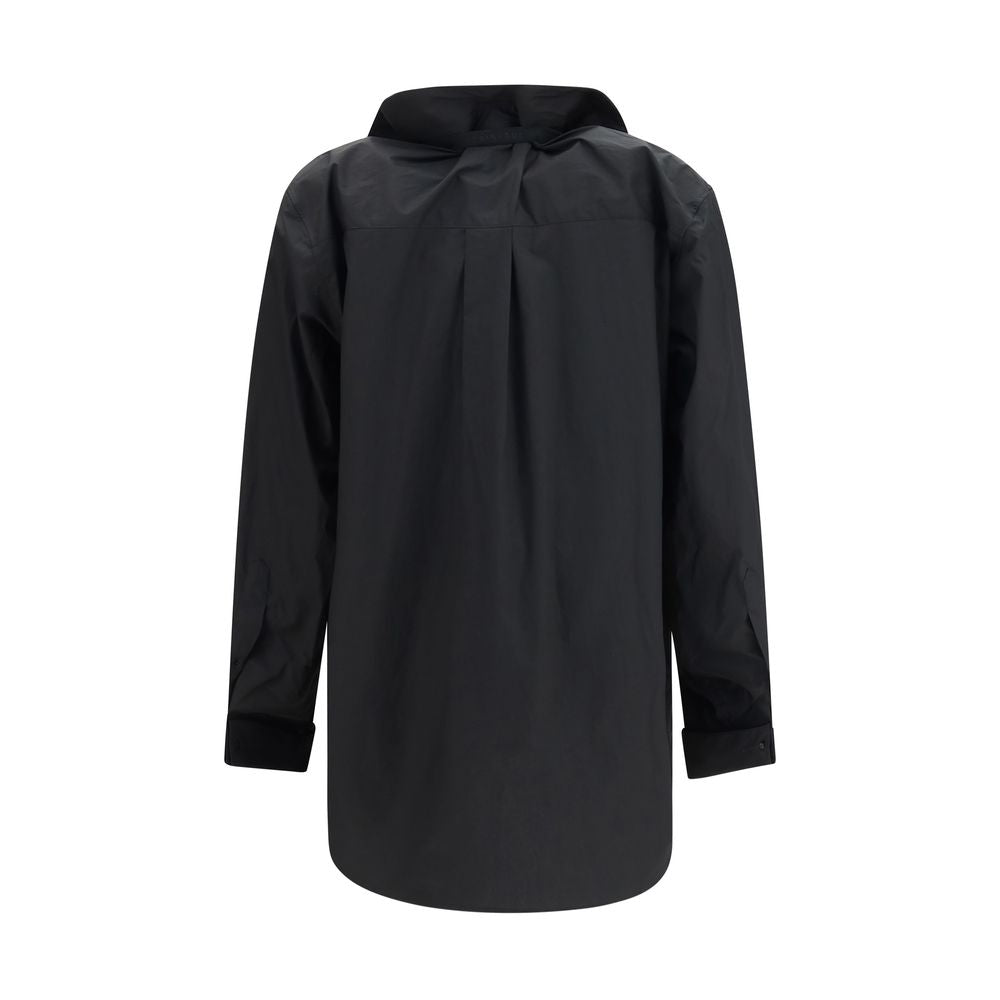 Shirt by ALAINPAUL for women in cotton black features an architectural silhouette with a refined and elegant hooded high-collar neckline for a architectural look.
