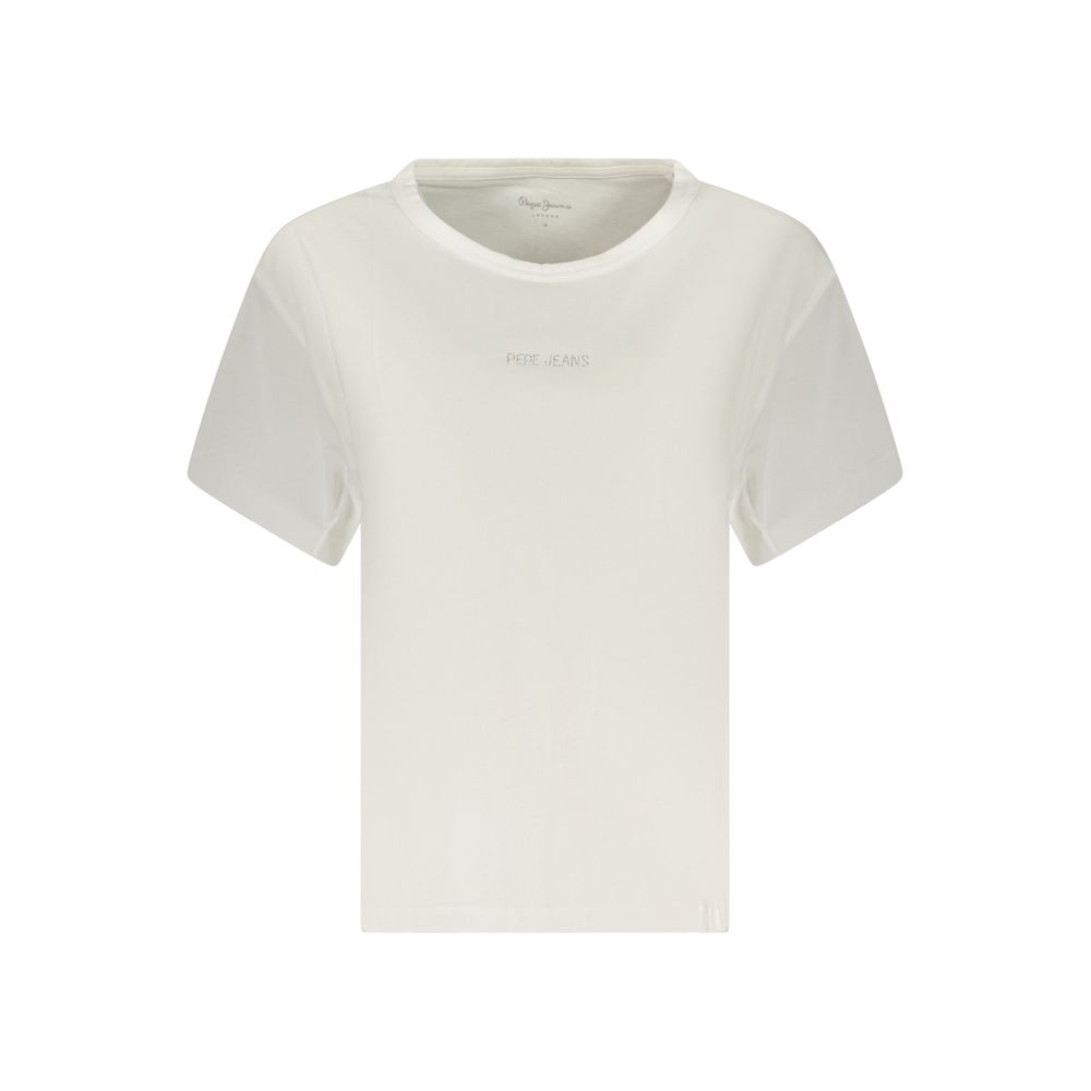 T-Shirt by Pepe Jeans for women in cotton & rhinestone white showcases a fashionable silhouette, elegantly detailed with a fashionable and wide-neck neckline for a sophisticated, high-fashion look.
