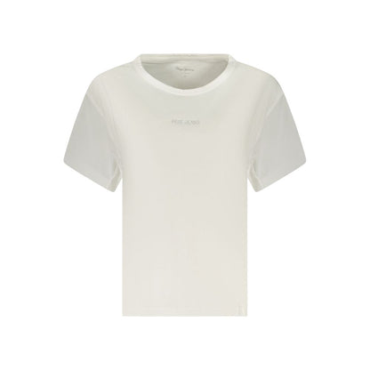 T-Shirt by Pepe Jeans for women in cotton & rhinestone white showcases a fashionable silhouette, elegantly detailed with a fashionable and wide-neck neckline for a sophisticated, high-fashion look.
