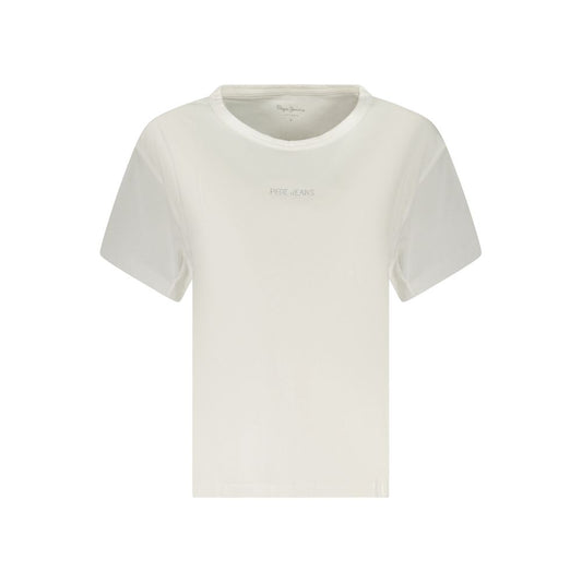 T-Shirt by Pepe Jeans for women in cotton & rhinestone white showcases a fashionable silhouette, elegantly detailed with a fashionable and wide-neck neckline for a sophisticated, high-fashion look.