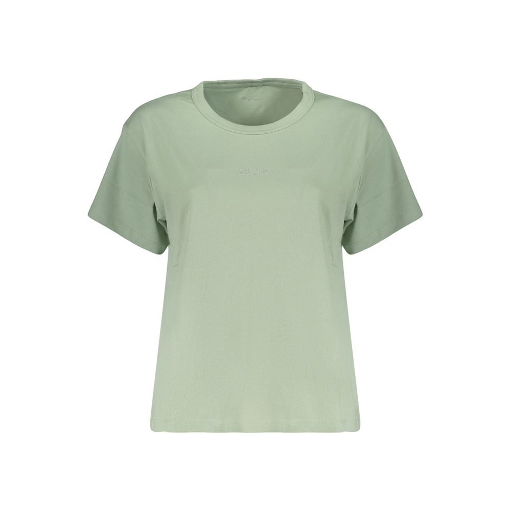 T-Shirt by Pepe Jeans for women in cotton & rhinestone green showcases a unassuming silhouette, artfully detailed with a refined wide-neck neckline and unassuming for a sophisticated, contemporary look.