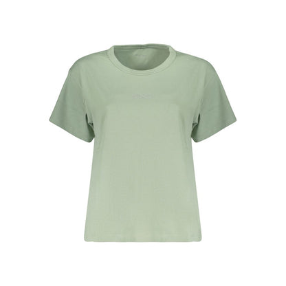 T-Shirt by Pepe Jeans for women in cotton & rhinestone green showcases a unassuming silhouette, artfully detailed with a refined wide-neck neckline and unassuming for a sophisticated, contemporary look.