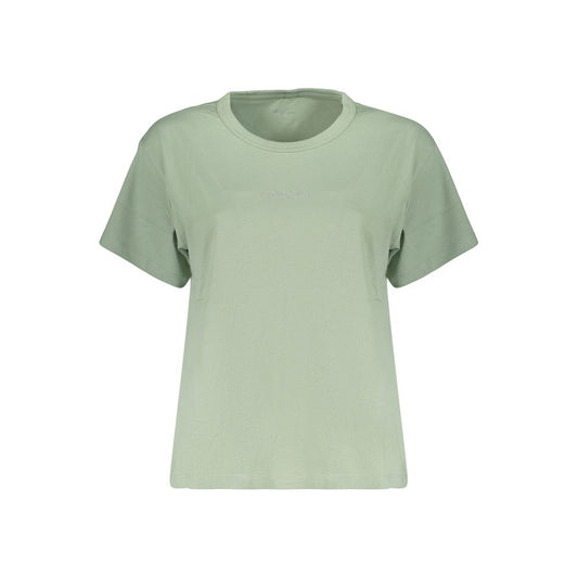 T-Shirt by Pepe Jeans for women in cotton & rhinestone green showcases a unassuming silhouette, artfully detailed with a refined wide-neck neckline and unassuming for a sophisticated, contemporary look.