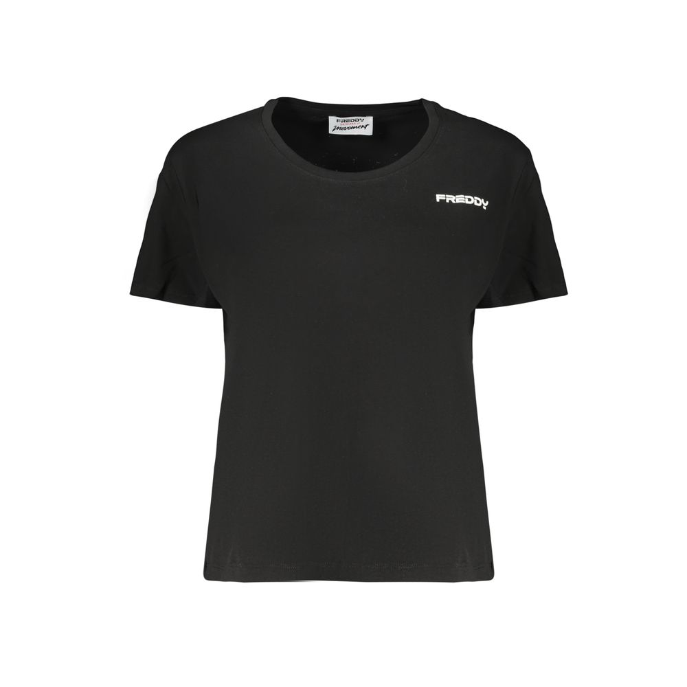 Activewear T-Shirt by Freddy for women in cotton black & print features a sporty silhouette with and wide-neck neckline, showcasing innovative for a sporty finish.