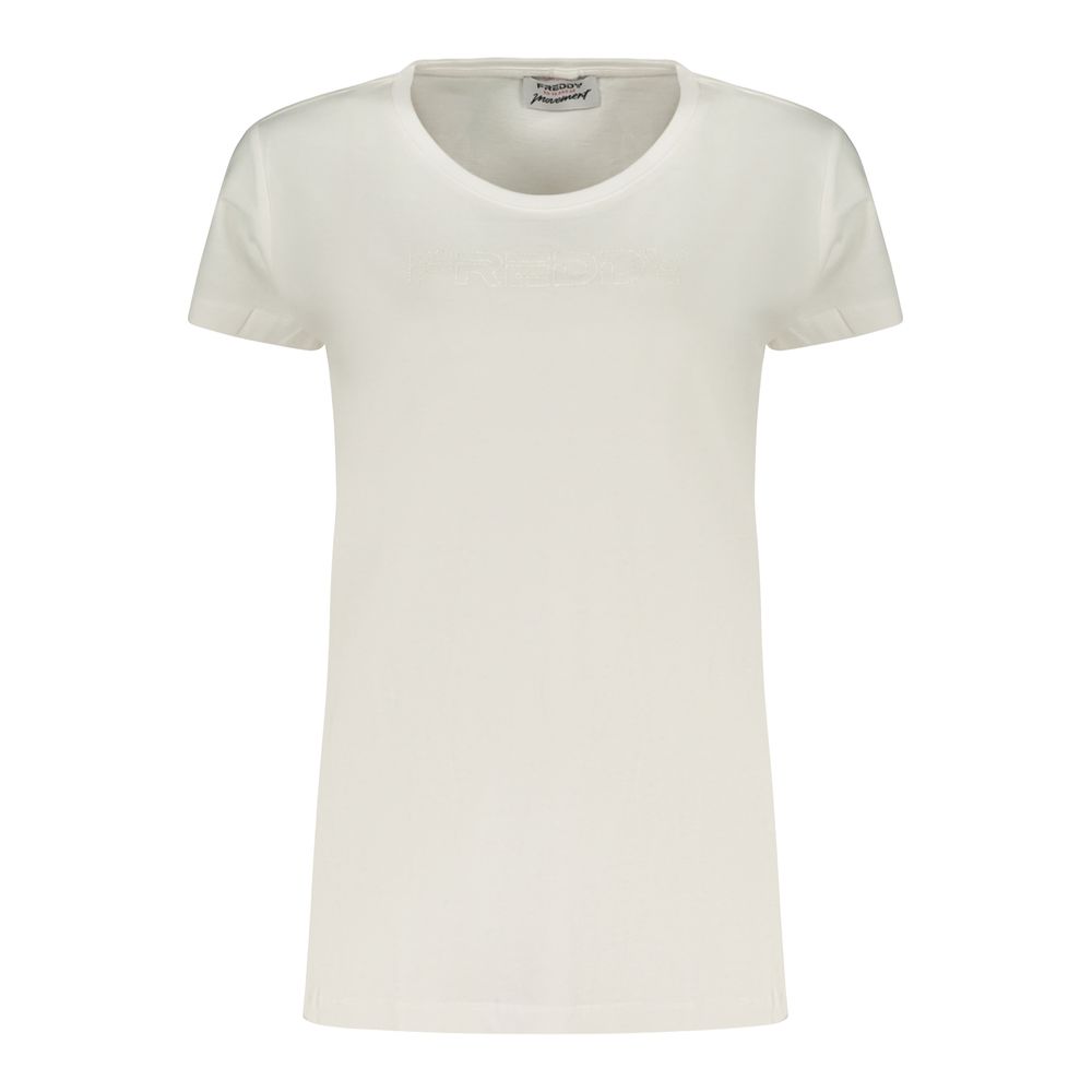 Activewear T-Shirt by Freddy for women in cotton white & print presents a kinetic silhouette, showcasing the kinetic and wide-neck neckline alongside functional for a premium, athletic look.