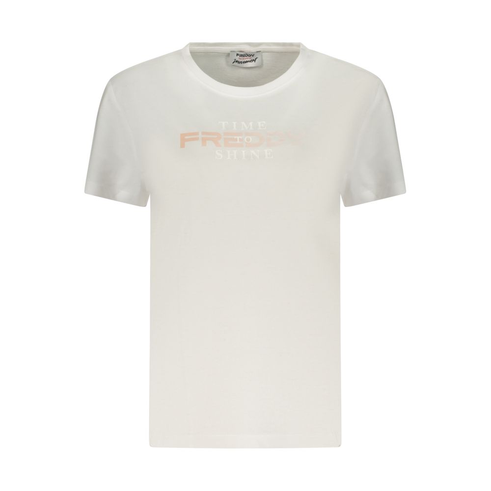 Activewear T-Shirt by Freddy for women in cotton white & print features a versatile silhouette, showcasing a versatile crew neckline and detailed with high-performance for a premium look.