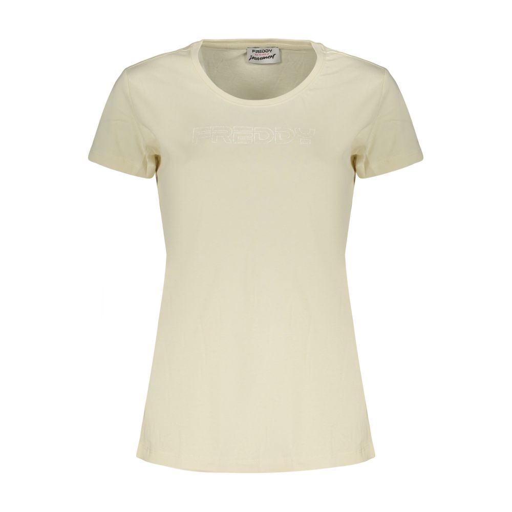 Activewear T-Shirt by Freddy for women in cotton beige & print features an athletic silhouette with sleeves and a wide-neck neckline neckline, enhanced by high-performance .