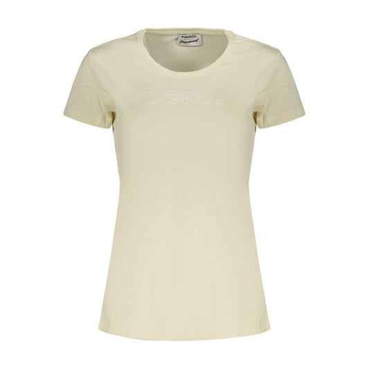 Activewear T-Shirt by Freddy for women in cotton beige & print features an athletic silhouette with sleeves and a wide-neck neckline neckline, enhanced by high-performance .