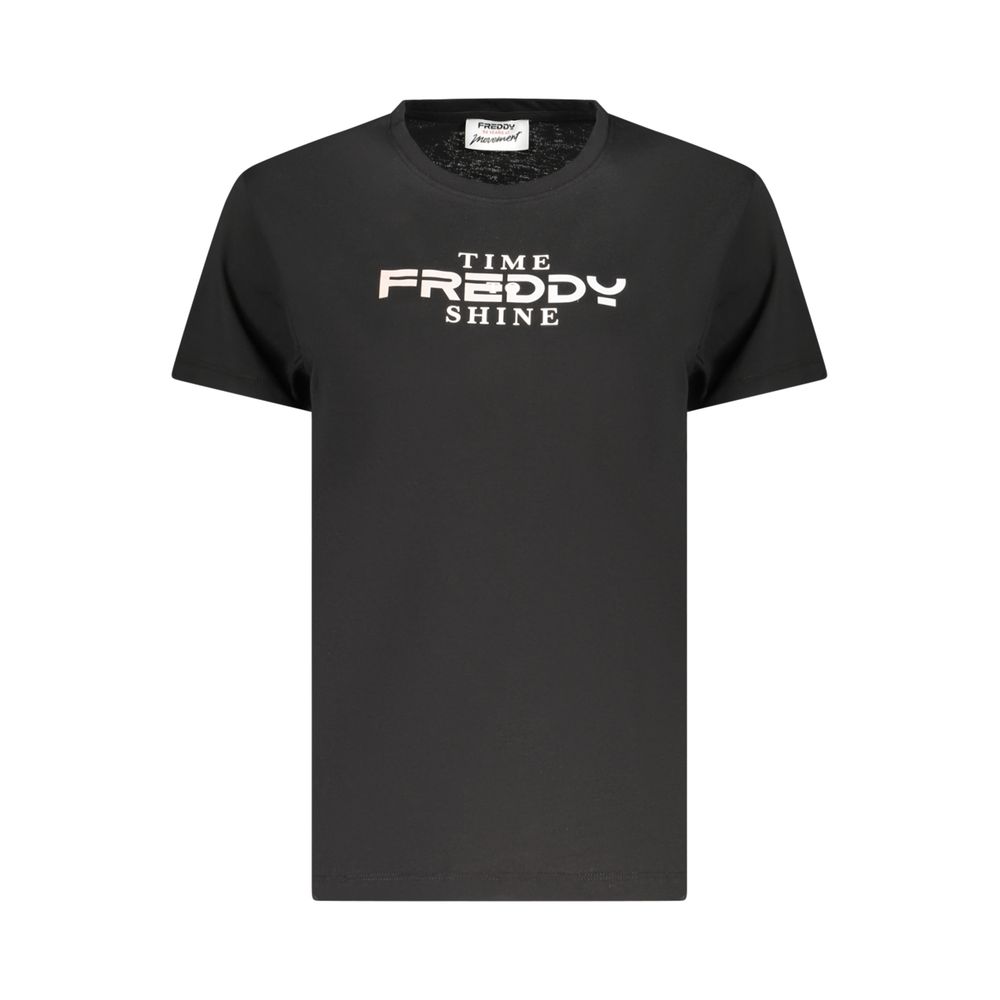 Activewear T-Shirt by Freddy for women in cotton black & print features a versatile silhouette, showcasing a versatile crew neckline and detailed with high-performance for a premium look.