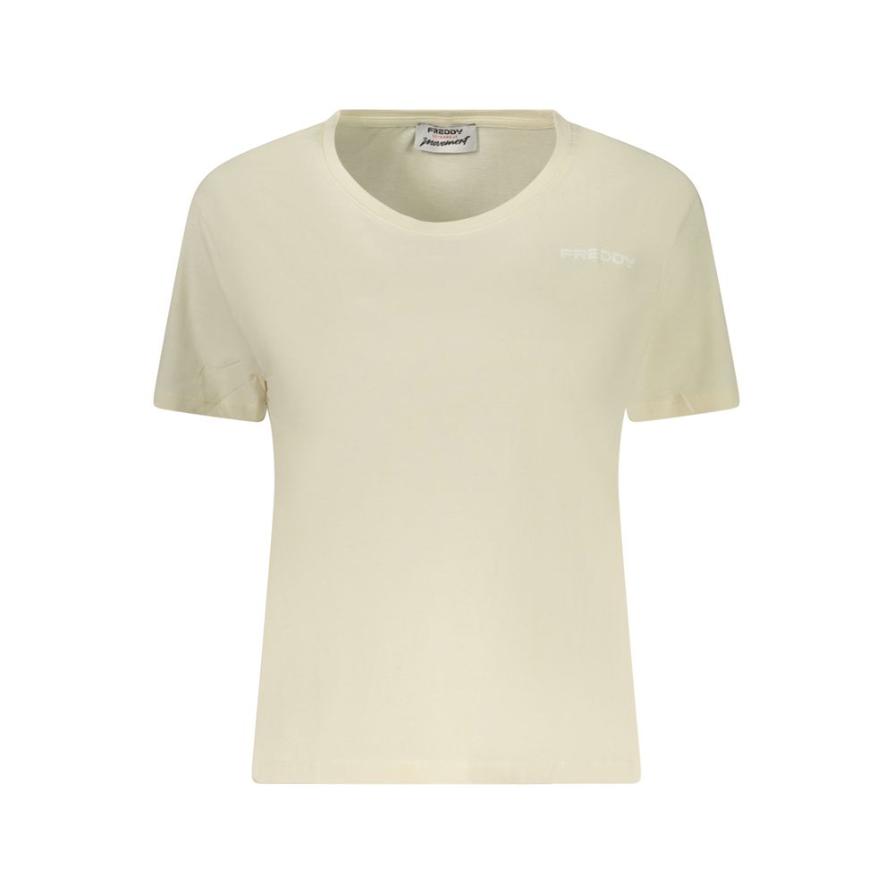 Activewear T-Shirt by Freddy for women in cotton beige & print features an athletic silhouette with sleeves and a wide-neck neckline neckline, enhanced by high-performance .