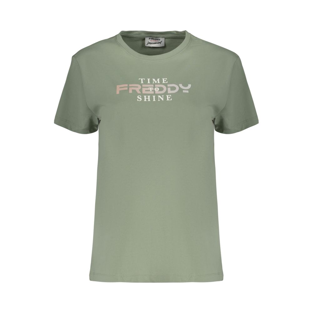 Activewear T-Shirt by Freddy for women in cotton green & print features an contemporary design with , a length, and a contemporary crew neckline.