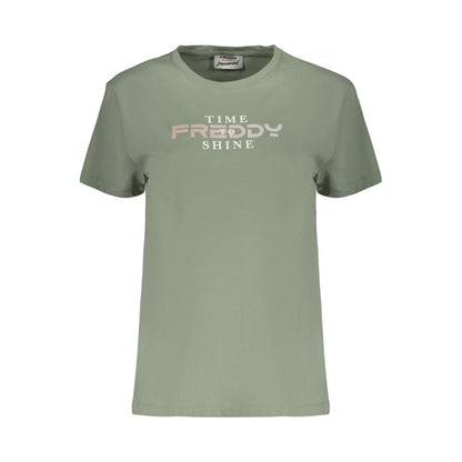 Activewear T-Shirt by Freddy for women in cotton green & print features an contemporary design with , a length, and a contemporary crew neckline.
