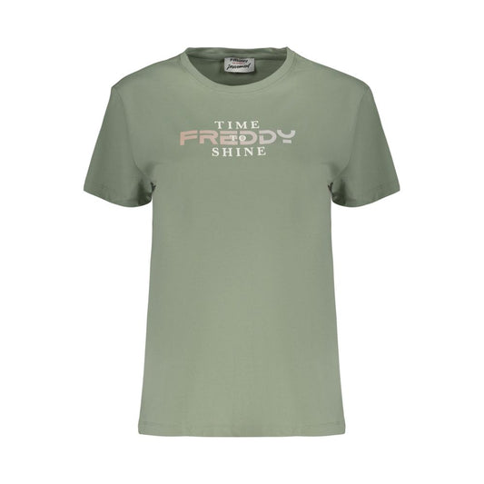 Activewear T-Shirt by Freddy for women in cotton green & print features an contemporary design with , a length, and a contemporary crew neckline.