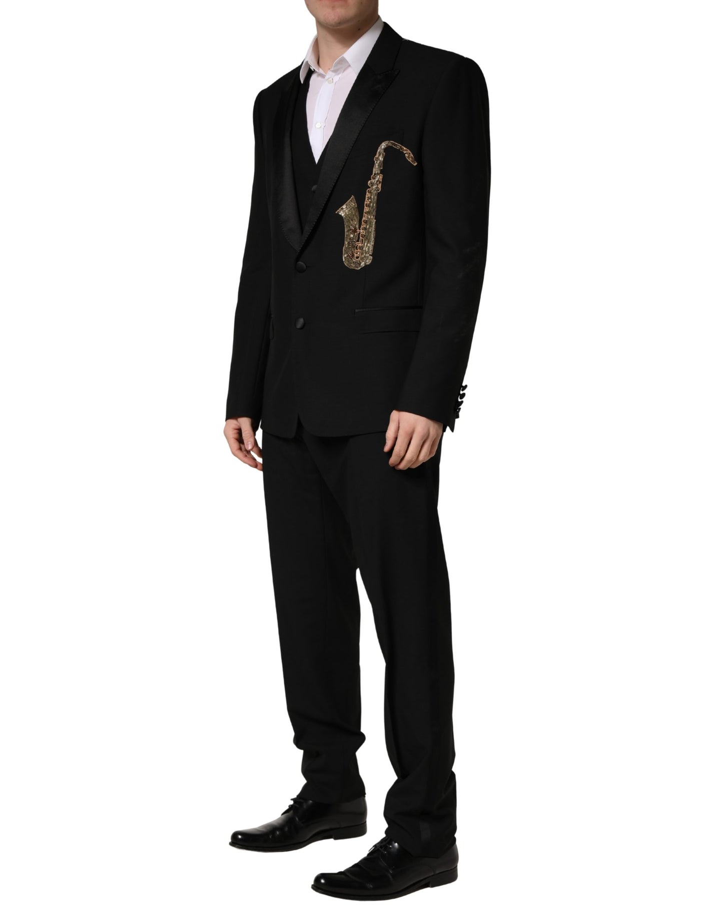 Dolce & Gabbana Black Wool Silk Saxophone Slim Fit 3Pc Suit