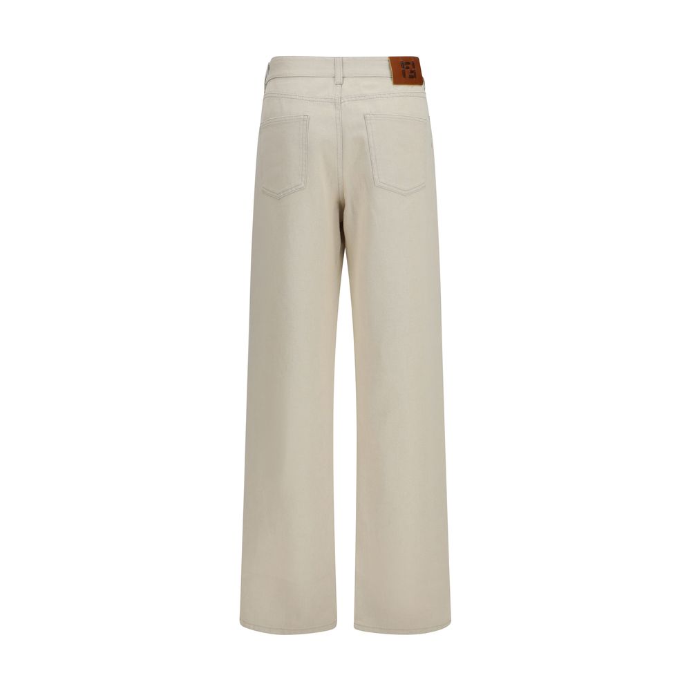 Jeans by Fendi for women in denim cotton beige & print features an sartorial straight-leg, regular-fit & wide and long with a cut for a sartorial finish.