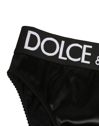 Dolce & Gabbana Black Satin High-Waist Brief Logo Women Underwear