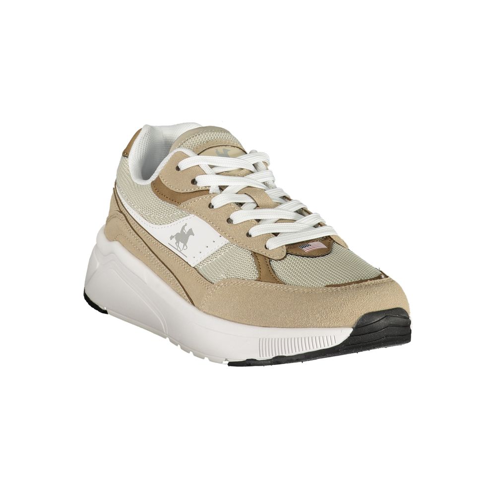 Athletic Sneakers by U.S. Grand Polo for men in polyester & polyurethane beige, brown & print features an architectural silhouette, showcasing the premium athletic style of the Men's Athletic Polyester & Polyurethane Sneakers with an architectural finish.