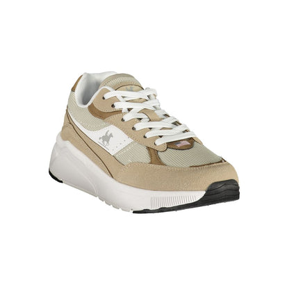 Athletic Sneakers by U.S. Grand Polo for men in polyester & polyurethane beige, brown & print features an architectural silhouette, showcasing the premium athletic style of the Men's Athletic Polyester & Polyurethane Sneakers with an architectural finish.