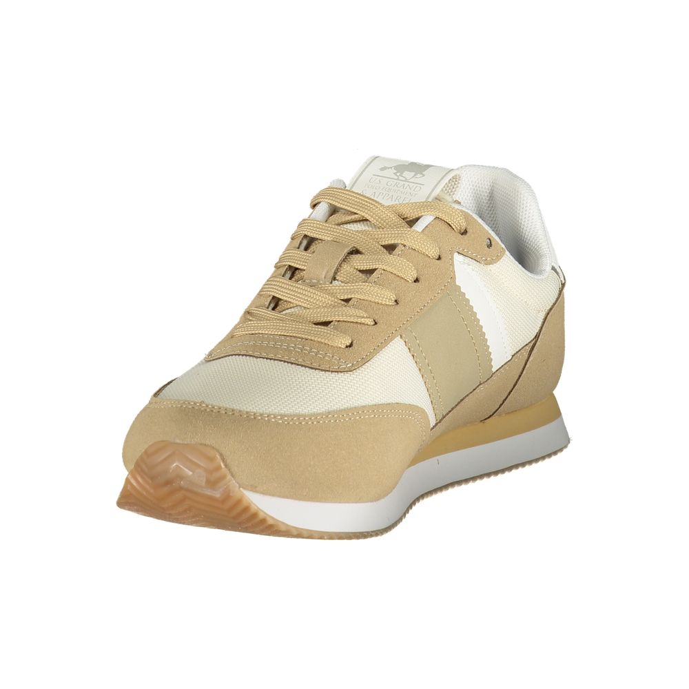 Athletic Sneakers by U.S. Grand Polo for men in polyester & polyurethane beige & print features an architectural silhouette, showcasing the premium athletic style of the Men's Athletic Polyester & Polyurethane Sneakers with an architectural finish.