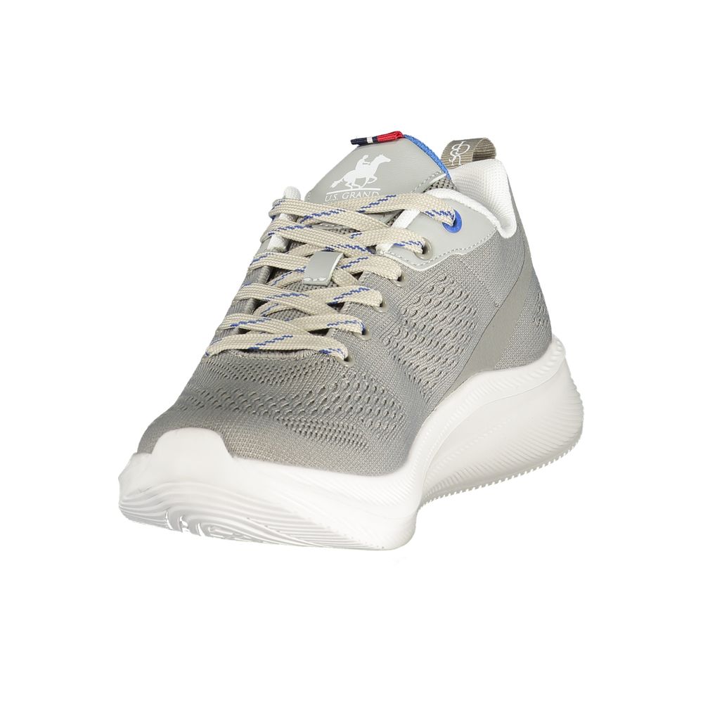 Athletic Sneakers by U.S. Grand Polo for men in polyester & polyurethane gray features an architectural silhouette, showcasing the premium athletic style of the Men's Athletic Polyester & Polyurethane Sneakers with an architectural finish.
