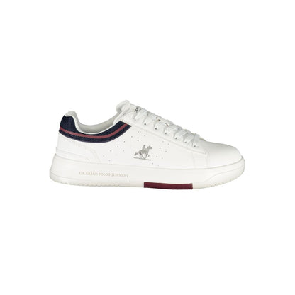 Athletic Sneakers by U.S. Grand Polo for men in polyester & polyurethane white & print features an architectural silhouette, showcasing the premium athletic style of the Men's Athletic Polyester & Polyurethane Sneakers with an architectural finish.